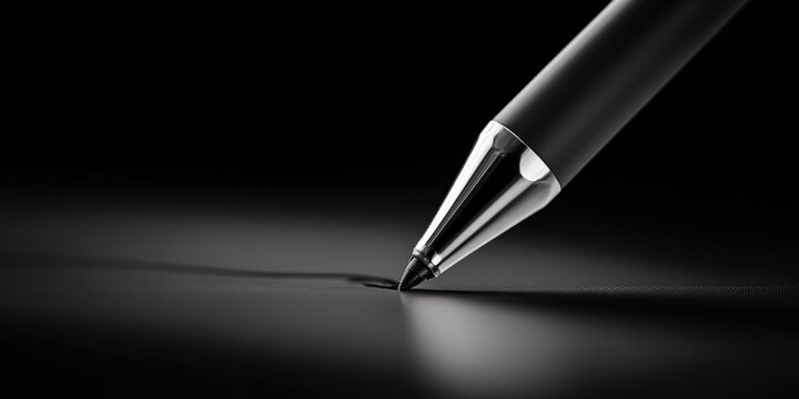 Fototapeta Close-up of a pen touching paper, creating a line in a dimly lit setting at night