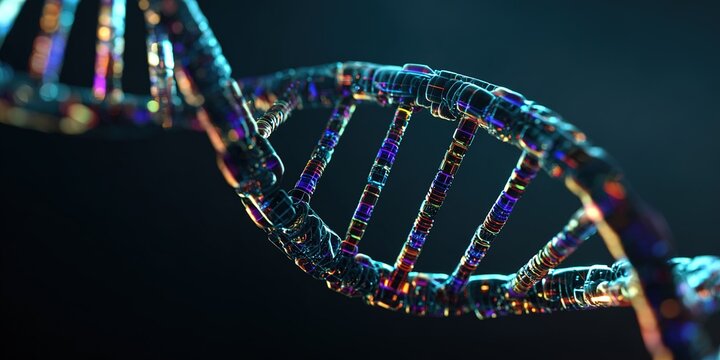 Colorful visualization of a DNA double helix structure with glowing strands in a dark background