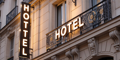 Illuminated HOTEL Signage on Ornate Building Facade with Balcony Railing hotel