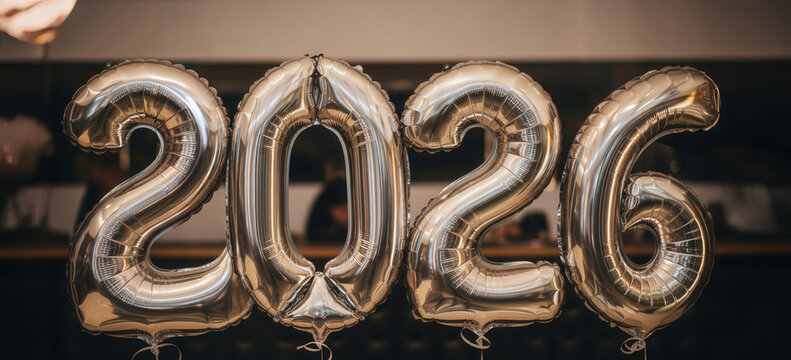 Close-up of shiny silver foil balloons forming the number 2026. This festive image evokes a celebratory mood for a future event. Perfect for New Year's Eve or graduation concepts.