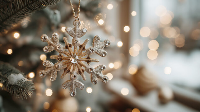 Glittering Gold and Crystal Snowflake Ornament Hanging on a Christmas Tree with Bokeh Lights