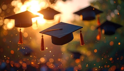 Grad caps soar against a sunlit, bokeh background, celebrating achievement
