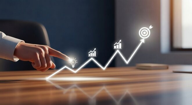 Business growth and success strategy – finger pointing at business line showing innovation to goal progress