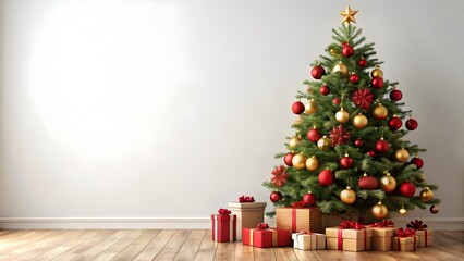 A beautifully decorated christmas tree stands in a room with a variety of wrapped gifts at its base