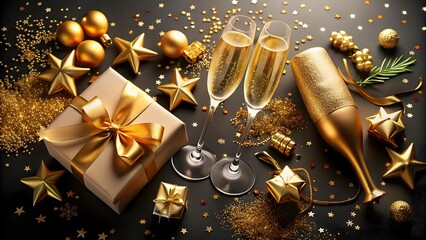 Two glasses of champagne sit beside a gold gift box and bottle, surrounded by gold stars and confetti on a dark background