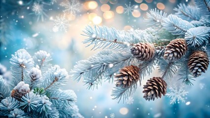 Closeup of a snowcovered pine branch with pine cones, set against a bokeh background of snowflakes and soft light
