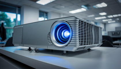 Modern digital projector with blue light on a table in an office setting technology presentation