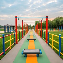 Outdoor fitness park with colorful equipment and exercise stations