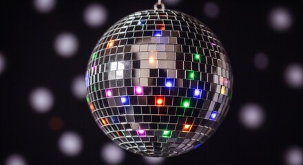 Obraz premium A sparkling disco ball reflects colorful lights against a dark bokeh background. This image evokes a fun, retro party vibe. Ideal for music events, celebrations, or nostalgic designs.