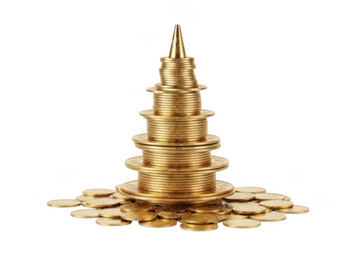 Tower of gold coins stacked high with scattered coins around it isolated on transparent background