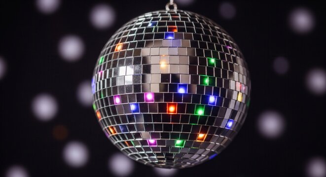A sparkling disco ball reflects colorful lights against a dark bokeh background. This image evokes a fun, retro party vibe. Ideal for music events, celebrations, or nostalgic designs.