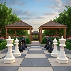 Giant chess pieces arranged on a checkered path in a park setting