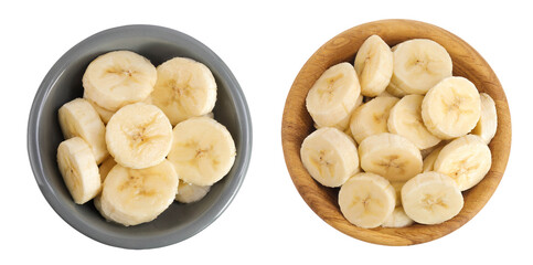 peeled banana pieces in ceramic and wooden bowl isolated on white background. Top view. Flat lay.