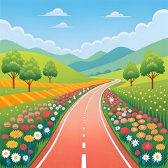 Scenic country road winding through rolling hills and colorful flower fields
