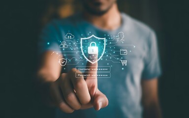Cybersecurity concept. Finger point padlock with digital shield and secure login interface. Representing data protection. Privacy. Encryption and safe online transactions in modern technology..