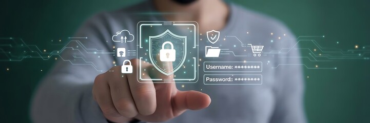 Cybersecurity concept. Finger point padlock with digital shield and secure login interface. Representing data protection. Privacy. Encryption and safe online transactions in modern technology..