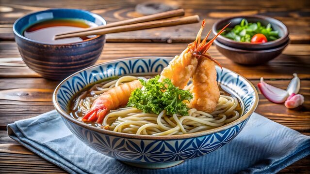 A delicious bowl of udon noodles with tempura shrimp, served with chopsticks and a side of broth