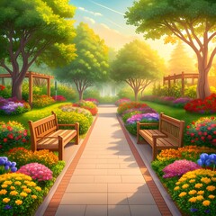 Tranquil garden path lined with colorful flowers and benches