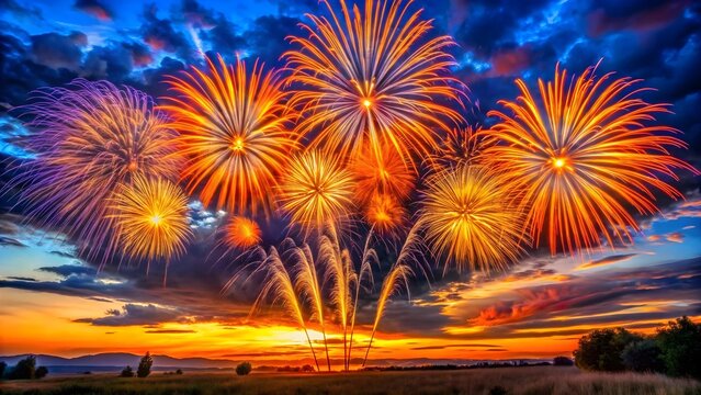 A breathtaking fireworks display against a vibrant sunset sky