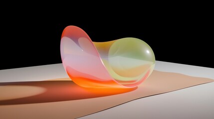 A glass sculpture with a swirling, organic shape sits on a light brown surface.