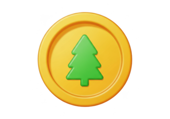A stylized green christmas tree icon centered on a golden coin, representing holiday savings or a festive reward, isolated on transparent background