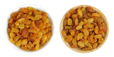 Yellow Raisins in ceramic bowl isolated on white background. Top view. Flat lay