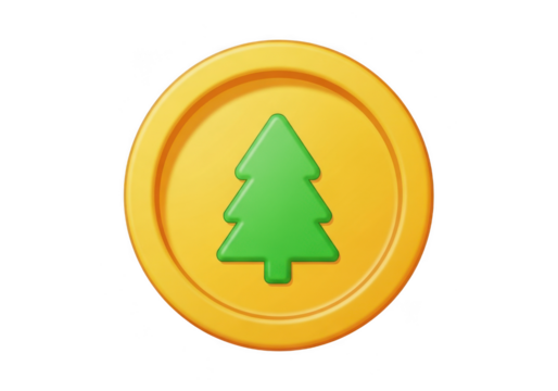 A stylized green christmas tree icon centered on a golden coin, representing holiday savings or a festive reward, isolated on transparent background
