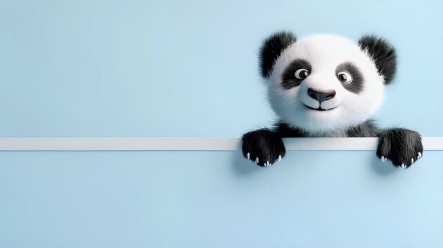 A 3D rendered panda character peeking over a blank sign. The pandas fur is predominantly white with black patches, and its eyes are large and expressive. The background is a light blue.
