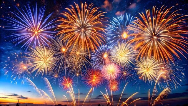 Vibrant fireworks light up the night sky in a dazzling display