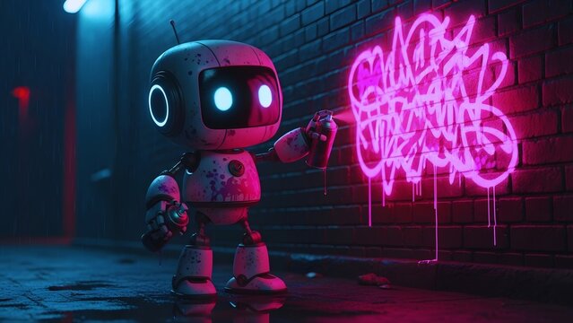 A cute robot spray-paints glowing pink neon graffiti, a cyberpunk concept of AI and street art in a dark, wet city alley.