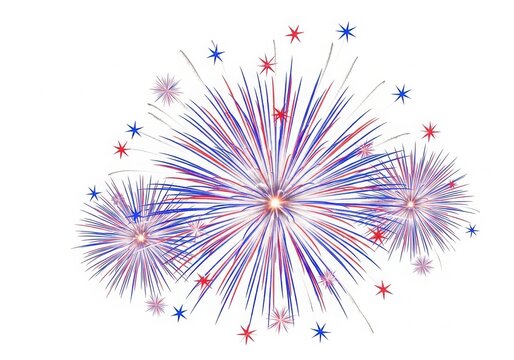 Vibrant red white blue fireworks burst celebration design.