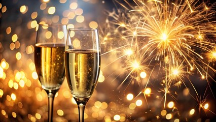 Two glasses of champagne stand in front of a dazzling fireworks display at night