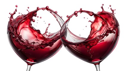 Two glasses of red wine splashing, isolated on white background