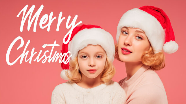 Advertisement showing a mother and daughter wearing Santa hats, with the text "Merry Christmas". Modern advertising