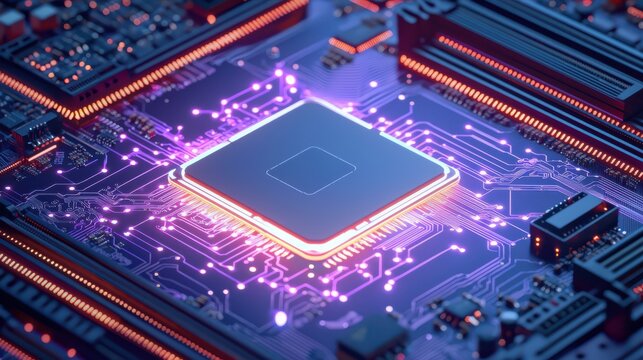 A close-up view of a futuristic microprocessor on a circuit board with vibrant lights and intricate electronic components.