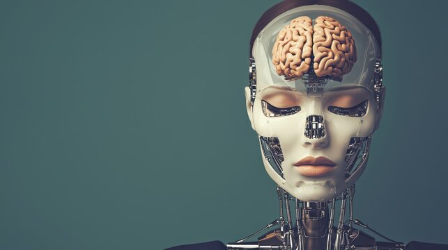 A futuristic robot with a transparent head showcasing a brain, blending human features and technology, symbolizing advanced artificial intelligence.