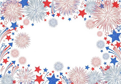 Red and blue fireworks and stars patriotic border frame design