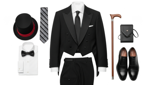 Formal menswear outfit with tailcoat, shirt, bow tie, top hat, tie, cane, clutch bag, and shoes, isolated on transparent background