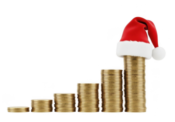 Stack of gold coins in ascending order, topped with a santa hat, symbolizing financial growth during the holiday season, isolated on transparent background