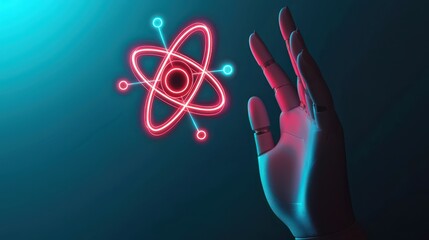 A futuristic hand reaches toward a glowing atom symbol, symbolizing technology, science, and the fusion of human and digital elements.