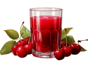  Glass of Fresh Cherry Juice with Whole Berries, Front View, Realistic 3D Vector Illustration, Isolated on Transparent Background PNG