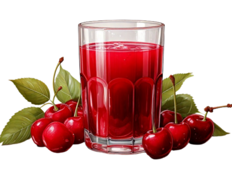 Glass of Fresh Cherry Juice with Whole Berries, Front View, Realistic 3D Vector Illustration, Isolated on Transparent Background PNG - Powered by Adobe