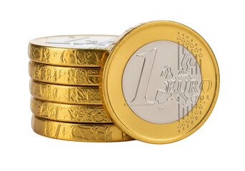 Closeup of a stack of gold chocolate coins wrapped in foil, with one euro coin prominently displayed, isolated on transparent background
