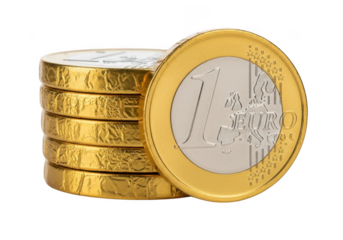 Closeup of a stack of gold chocolate coins wrapped in foil, with one euro coin prominently displayed, isolated on transparent background