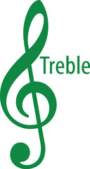 Vibrant green treble clef symbol with the word "Treble" overlaid, representing music and melody.