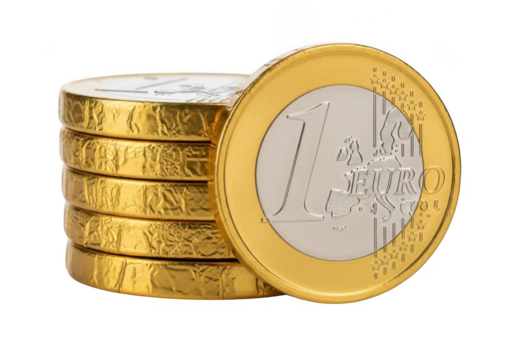 Closeup of a stack of gold chocolate coins wrapped in foil, with one euro coin prominently displayed, isolated on transparent background