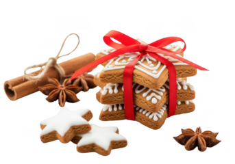 Stack of starshaped gingerbread cookies tied with red ribbon, cinnamon sticks and star anise on a transparent background