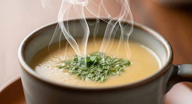 01_Caldo de Sururu (clam soup) in a small ceramic cup. Focus on steam and smooth consistency.