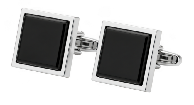 Pair of square silver cufflinks with black onyx inlay, isolated on transparent background