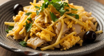 01_Bacalhau  Brs (codfish) served on a rustic plate. Focus on potato and cod texture.